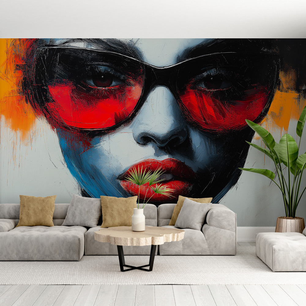 Modern portrait wallpaper with red sunglasses creating a bold statement in a minimalist living room setting