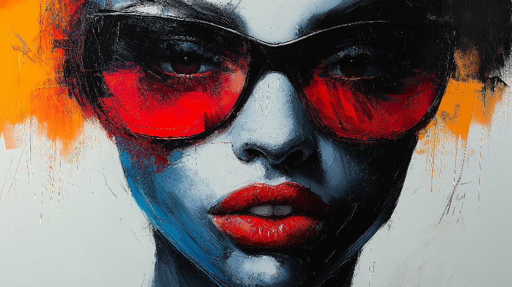 Modern portrait design file showing detailed red sunglasses artwork and brushstroke pattern