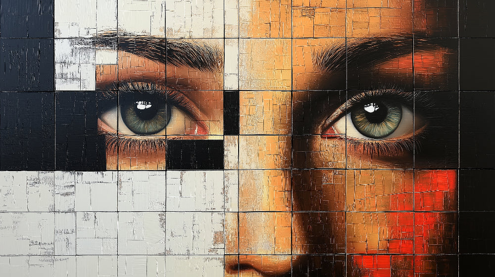 Geometric portrait wallpaper design file showing detailed mosaic eye pattern in rich contrasting tones