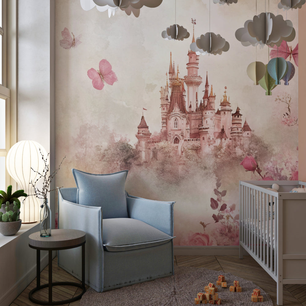 Princess castle wallpaper in a bright nursery with white furniture and soft pink accents