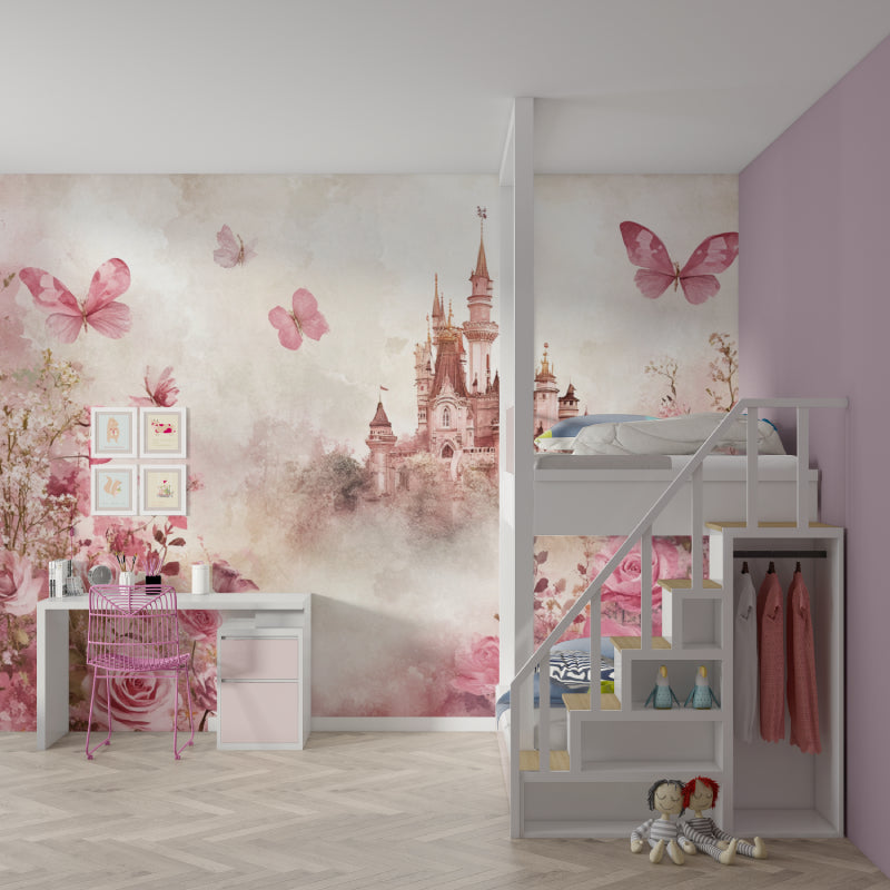 Magical castle mural creating a cozy reading nook in a girl's bedroom