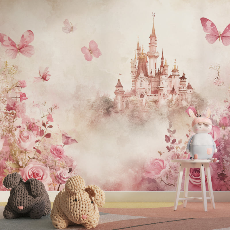 Fairy castle wallpaper installation in a dreamy bedroom setting