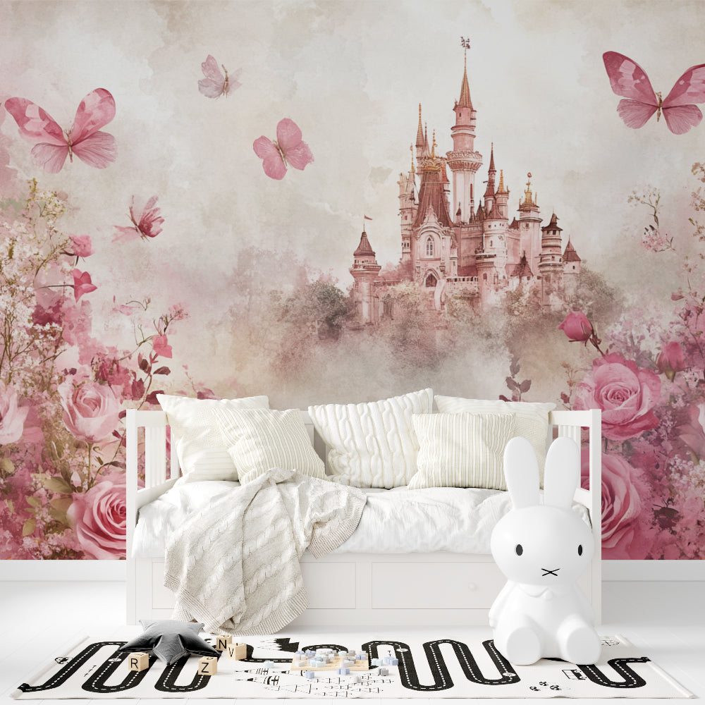 Pink castle mural adding magic to a child's reading corner