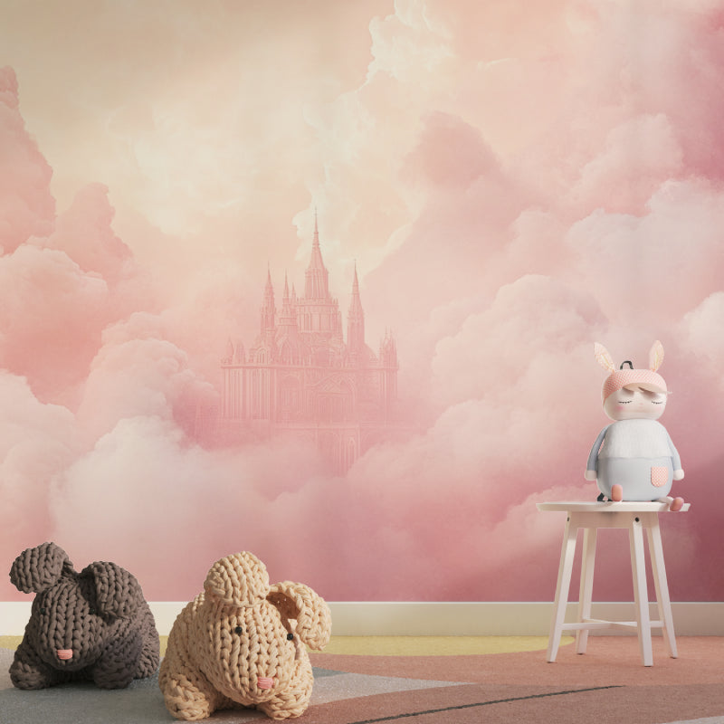Dreamy castle mural in modern bedroom showing full wall application