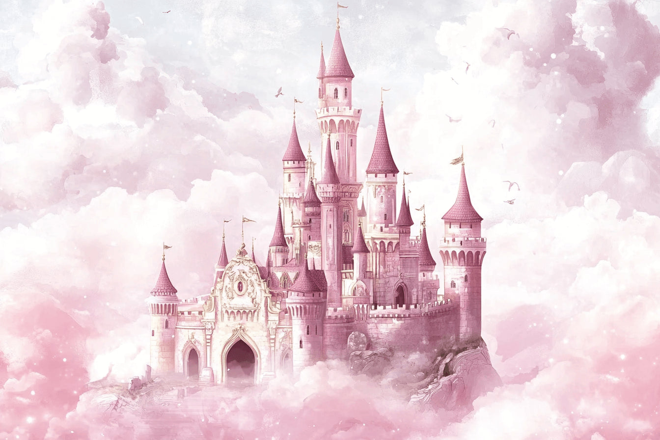 Design file showing detailed pink castle pattern with dreamy clouds and magical elements
