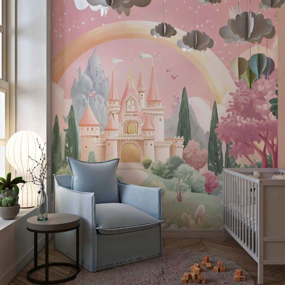 Princess Castle Mural Wallpaper displayed in a dreamy girl's bedroom with soft pink accents