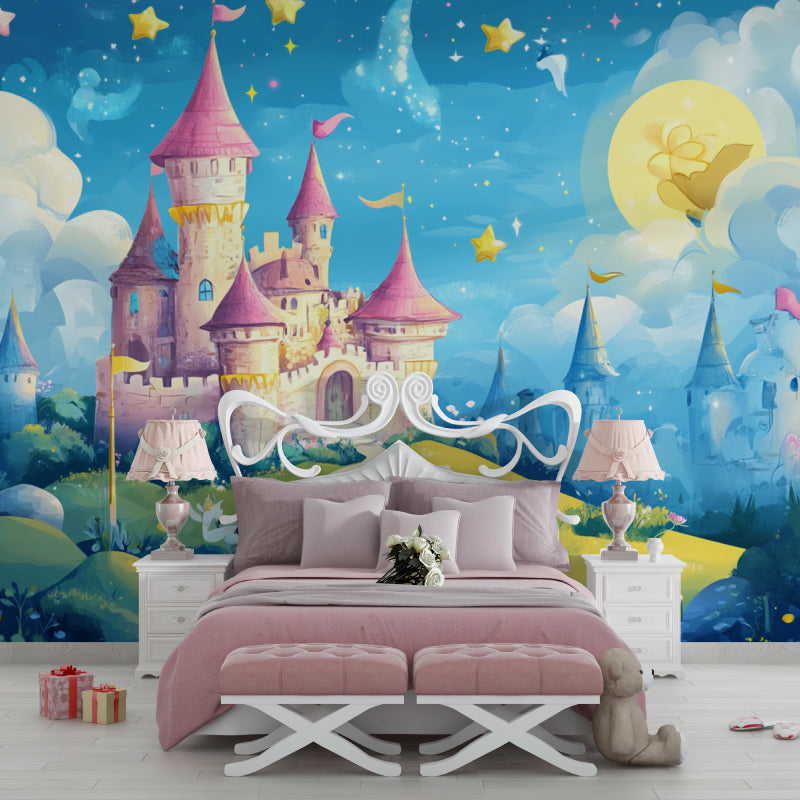 Princess Castle Mural Wallpaper creating magic in a girl's bedroom with soft night lighting