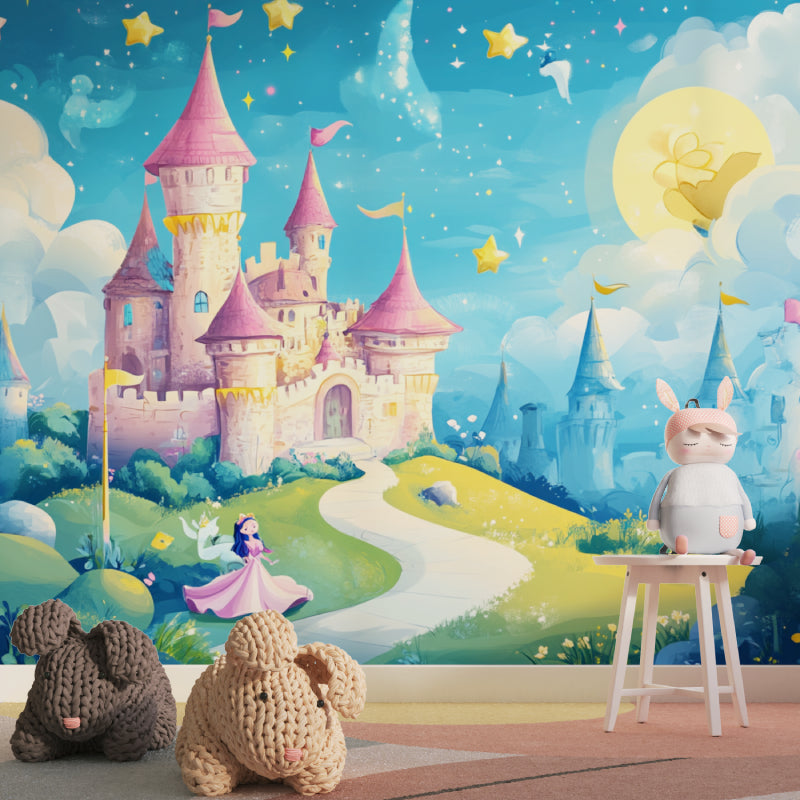 Fairy tale castle wallpaper transforming a playroom into an enchanted space