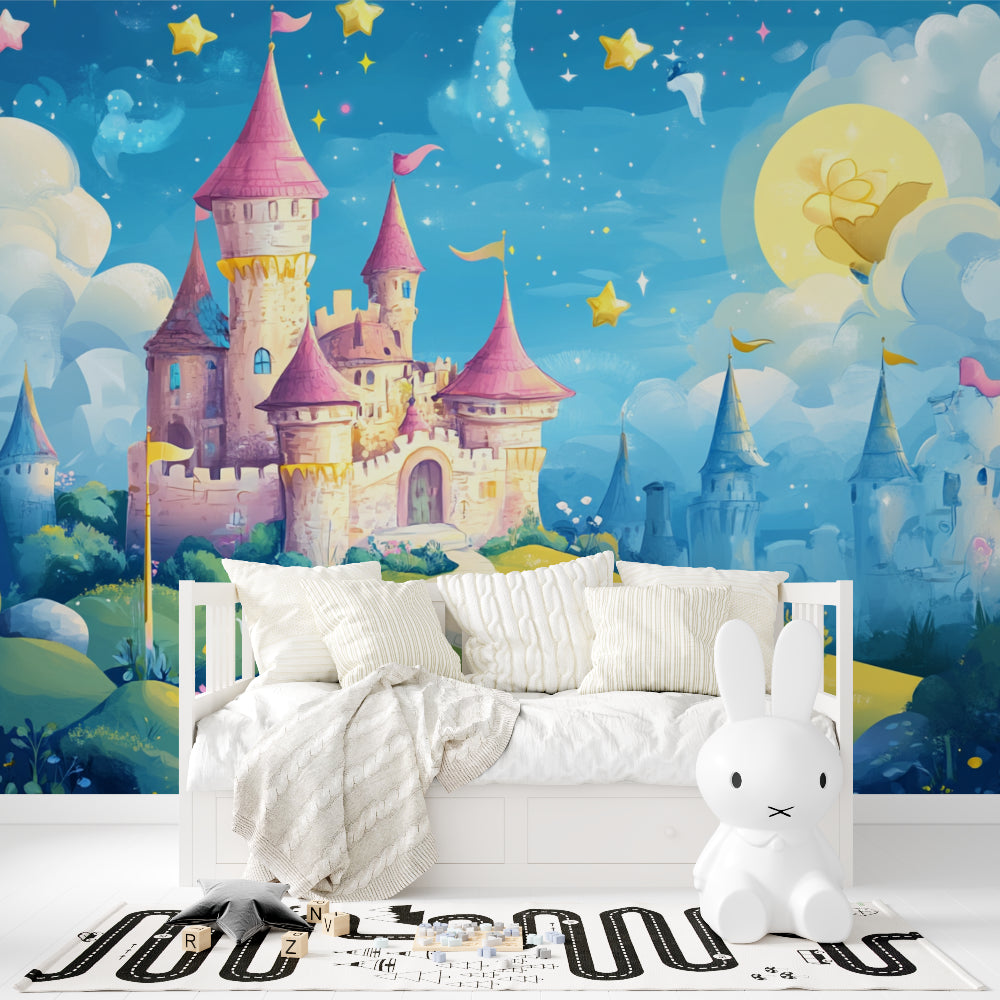 Princess castle mural in a nursery with matching pink furnishings