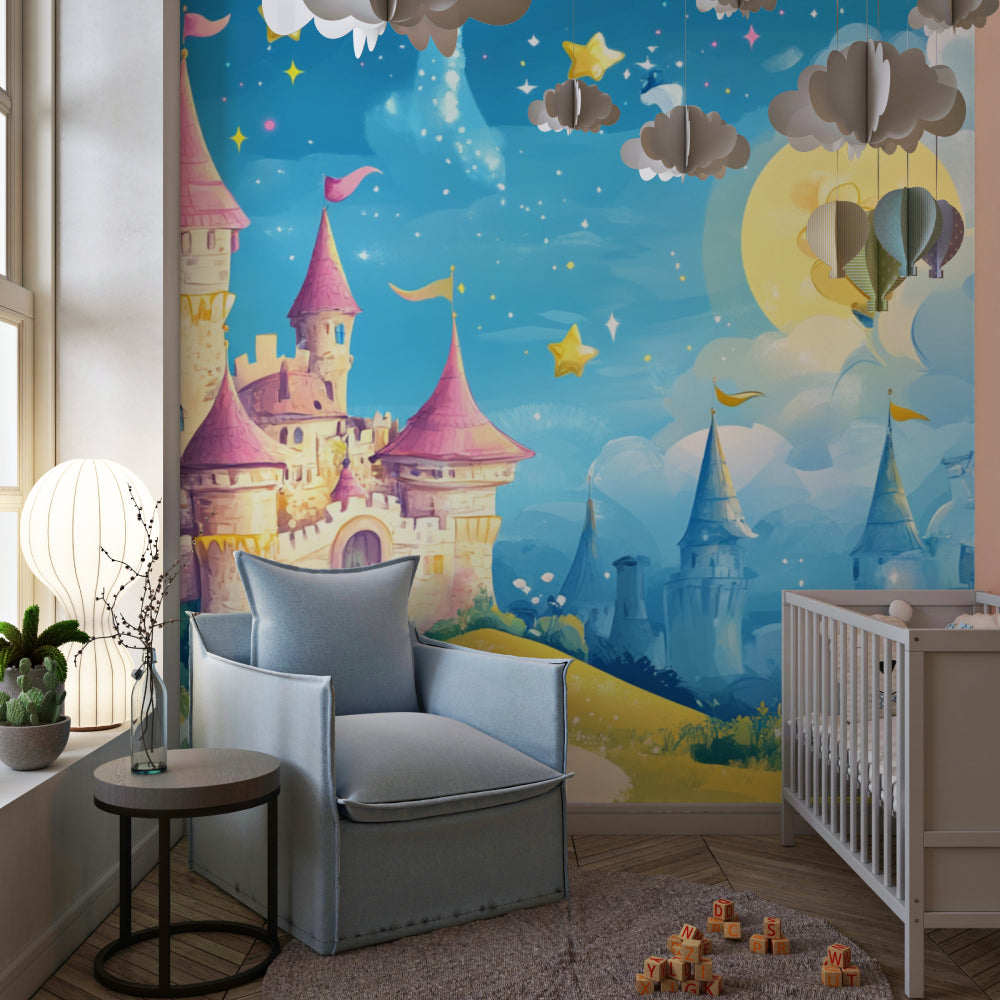 Magical castle wallpaper bringing charm to a reading nook