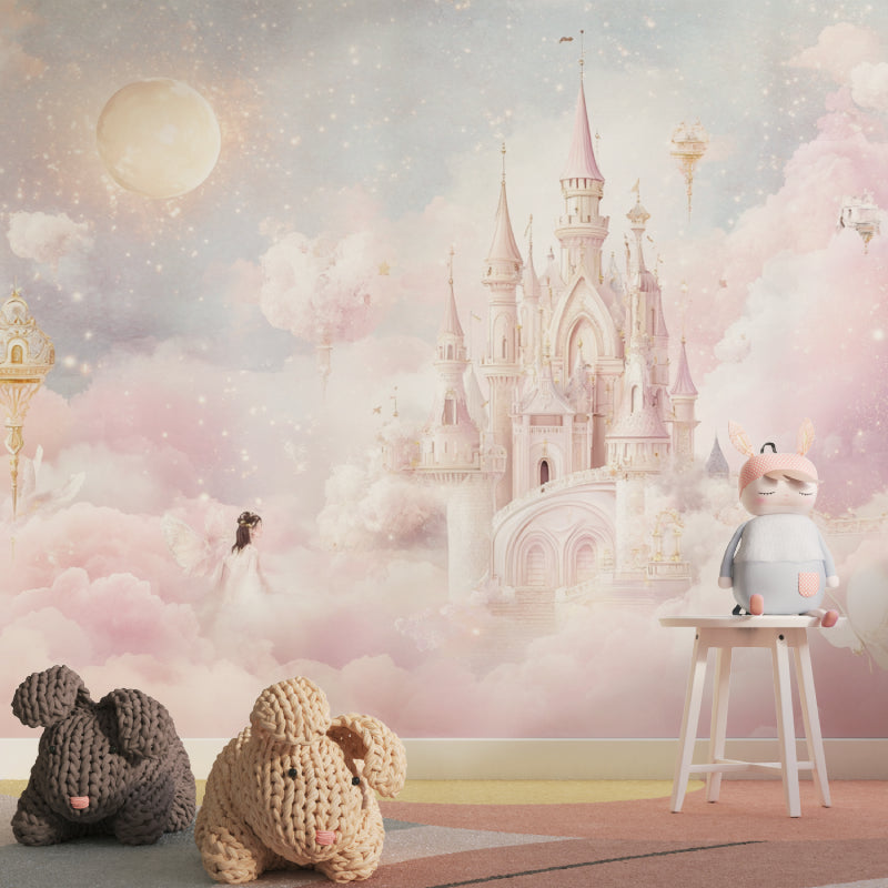 Princess castle wallpaper in a bright girl's bedroom with white furniture and pink accents