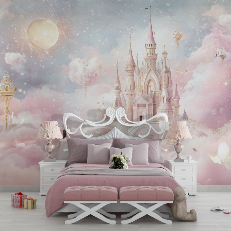 Pink castle mural displayed in a modern playroom with reading nook