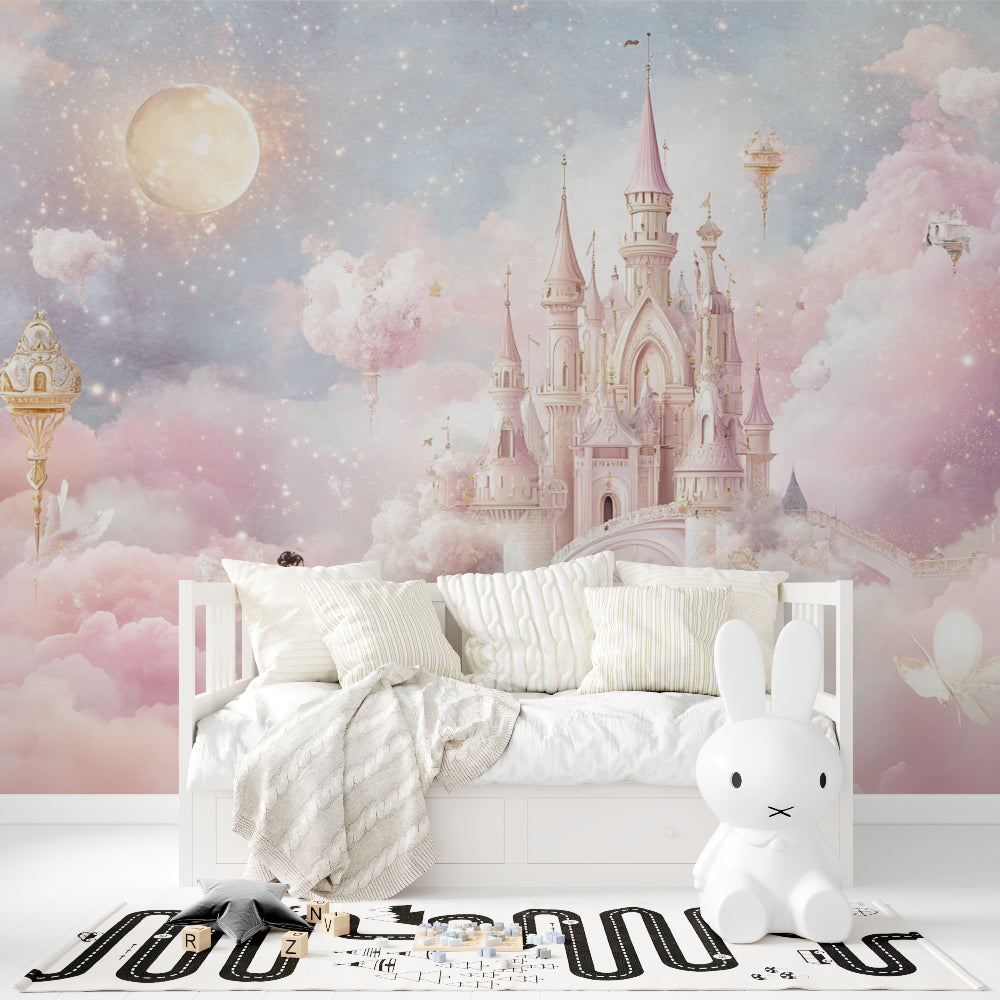 Fantasy castle wallpaper creating depth in a nursery setting