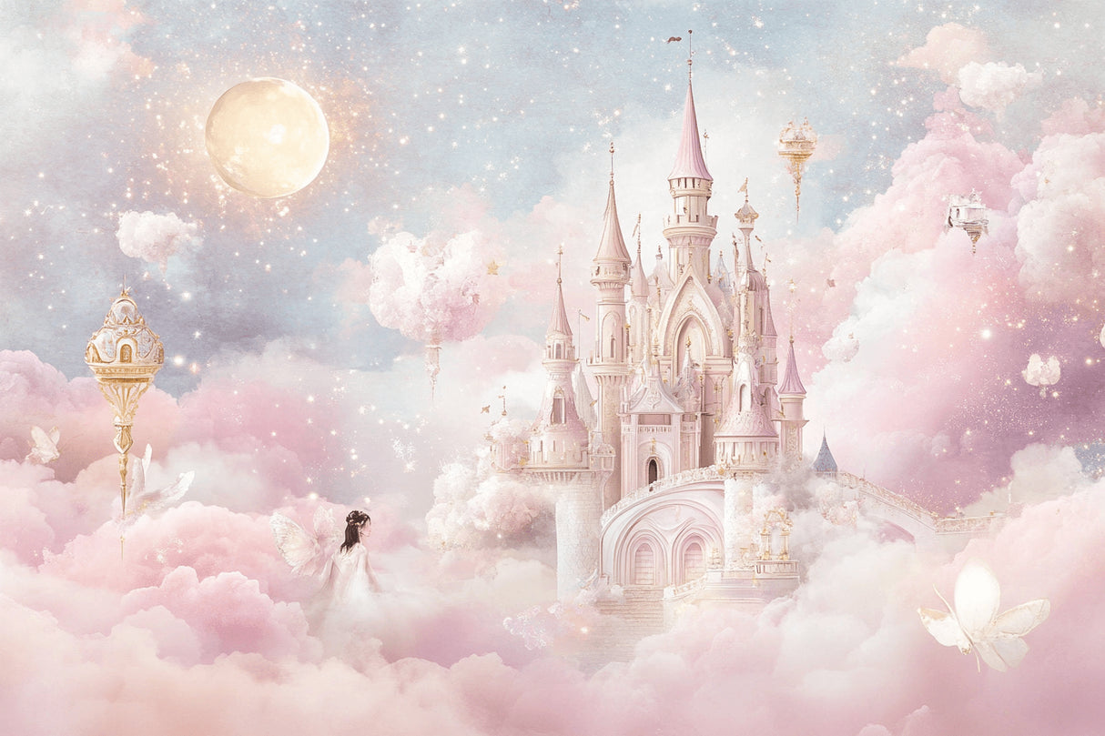 Design file showing detailed pink castle pattern with magical sky background