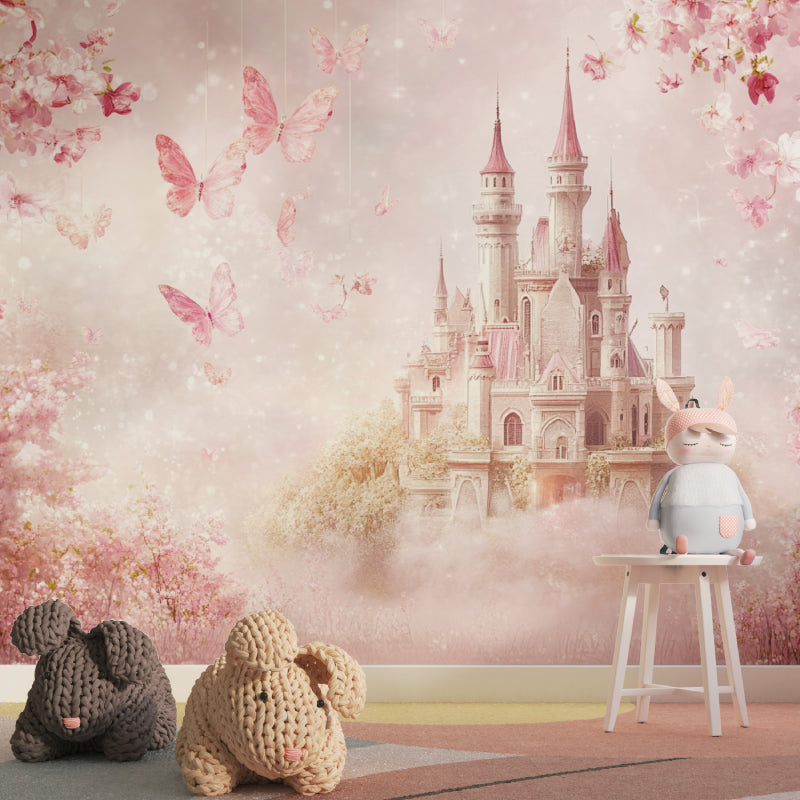 Princess castle wallpaper in a bright girl's bedroom with pink accents and matching decor