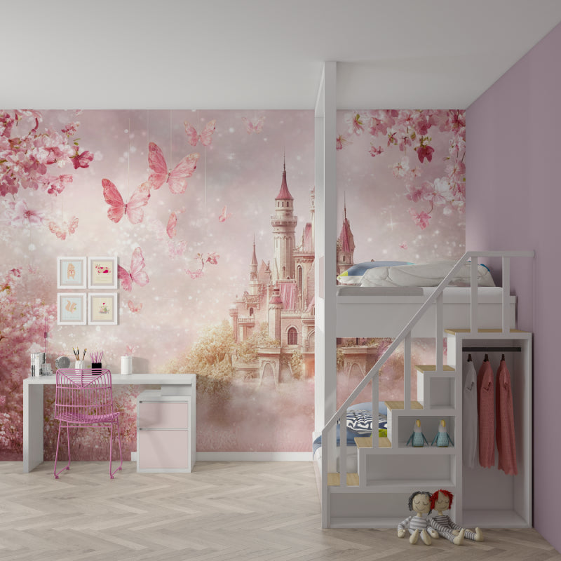 Pink castle wallpaper transforming a playroom into an enchanted space
