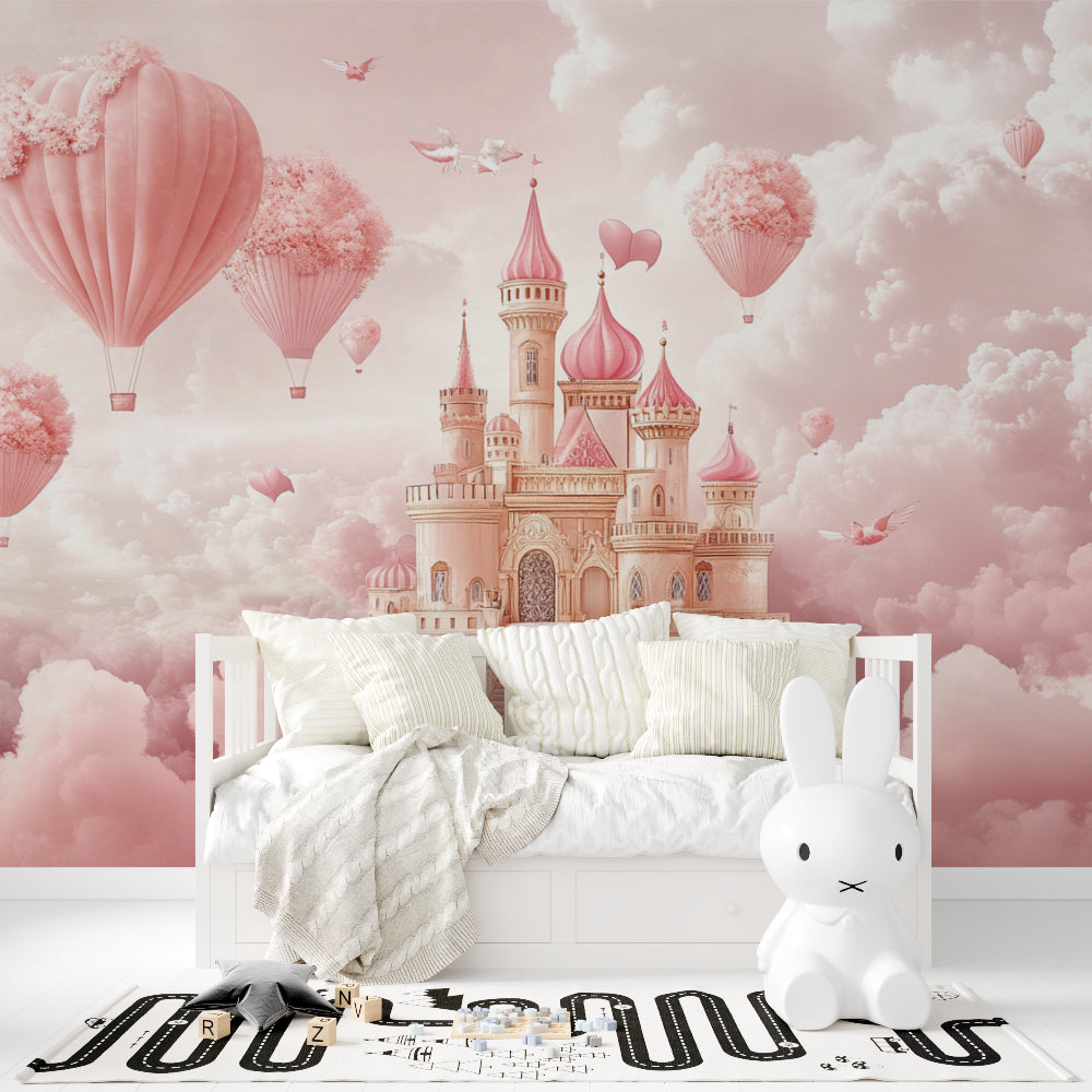 Pink castle mural with hot air balloons brightening up a modern playroom space