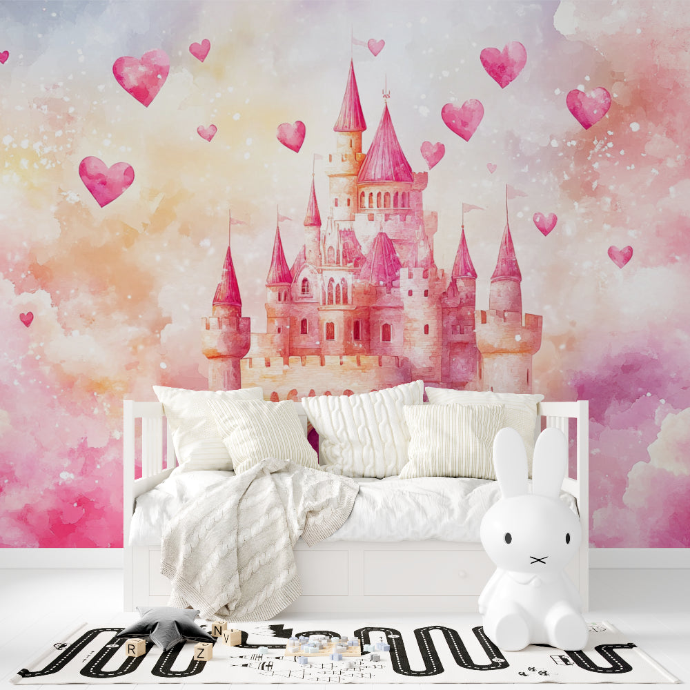 Princess castle wallpaper in a bright girl's bedroom, creating a magical reading nook with soft pink tones