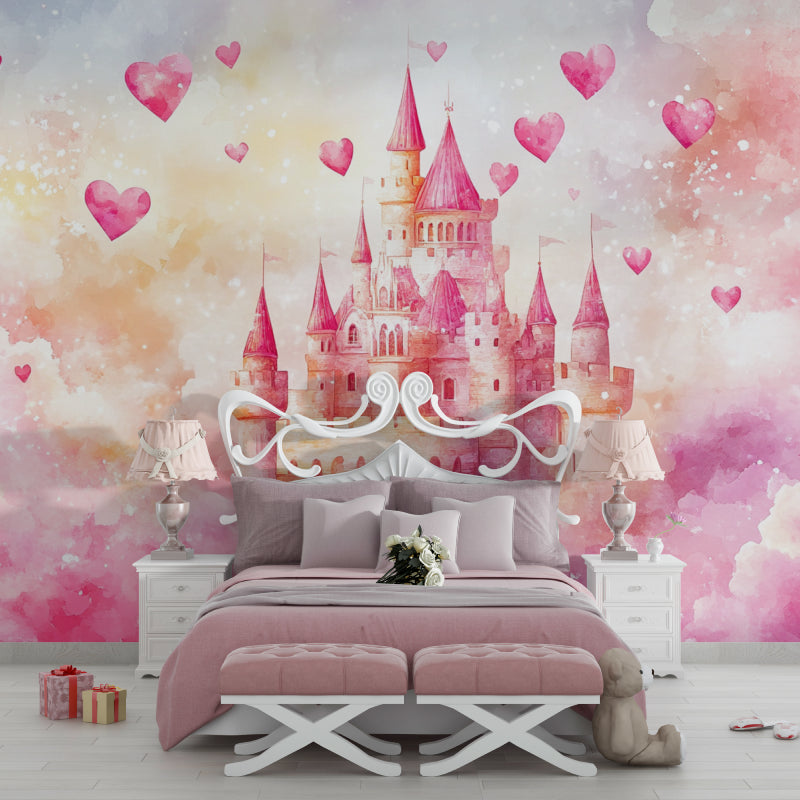 Princess castle mural in a playroom showing the scale of the dreamy watercolor design