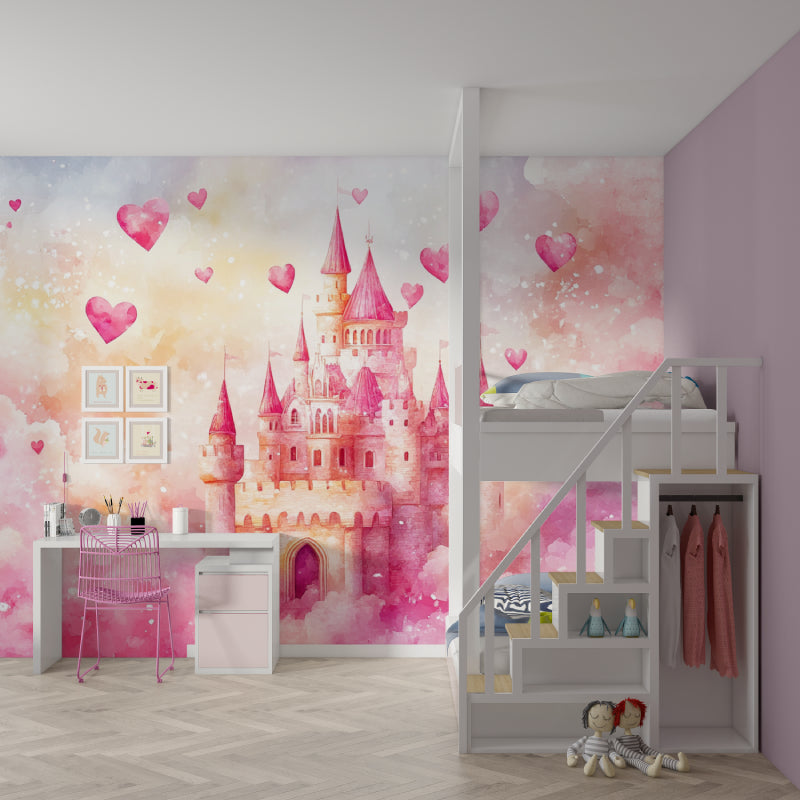 Fairy tale castle wallpaper creating a magical atmosphere in a nursery with natural lighting