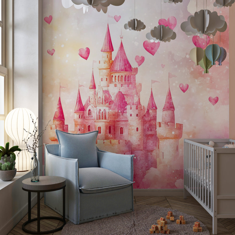 Princess wall mural displayed in a reading corner with matching pink furniture
