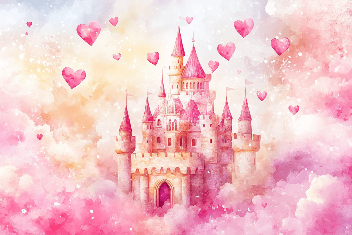 Princess castle wallpaper design file showing detailed watercolor castle and floating hearts pattern