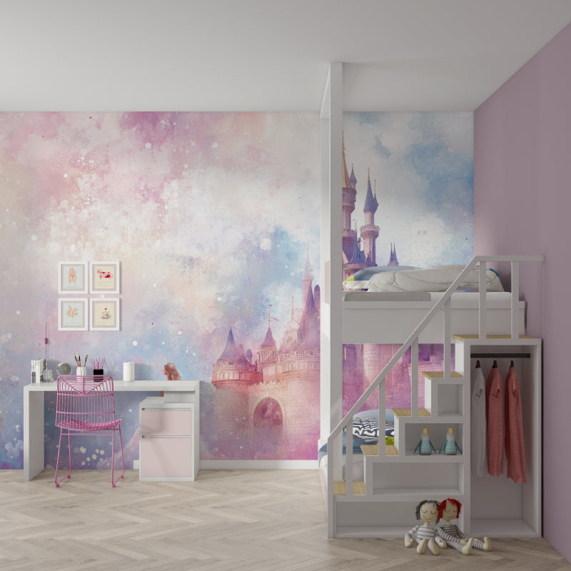 Princess castle wallpaper creating magic in a bright, airy girl's bedroom with pink accents