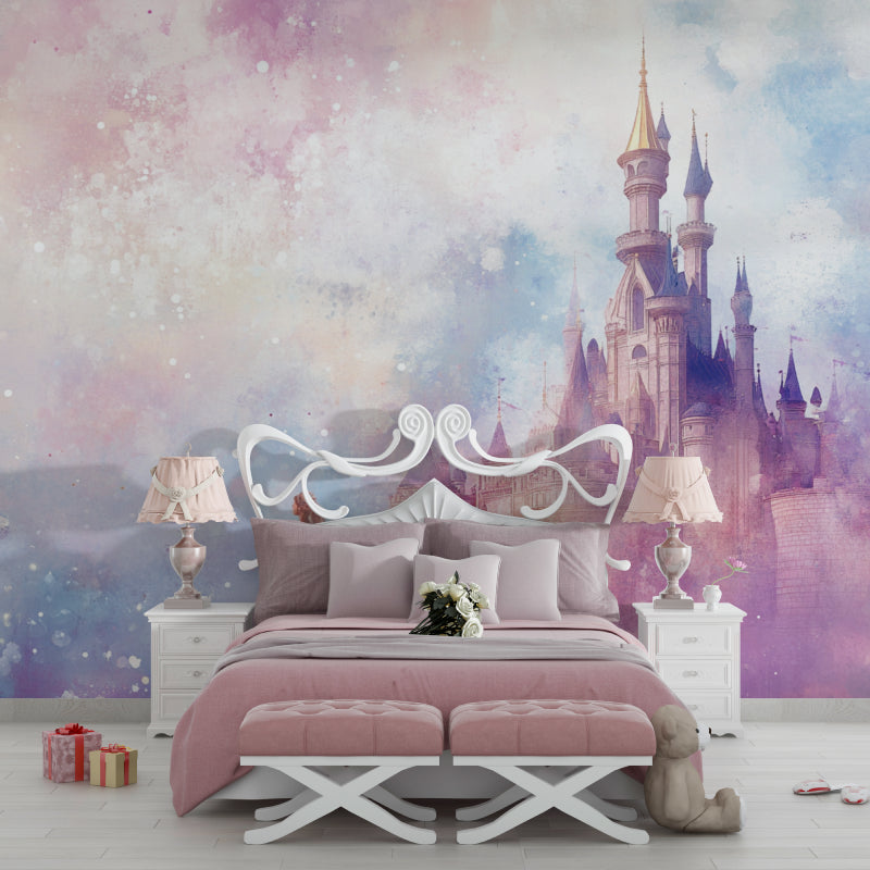 Dreamy castle mural wallpaper styled in a playroom with soft furnishings