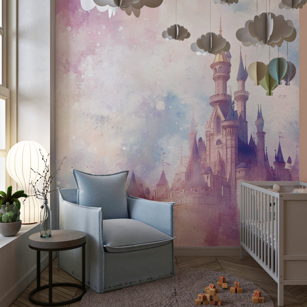 Magical castle wallpaper transforming a reading nook into a fairy tale corner