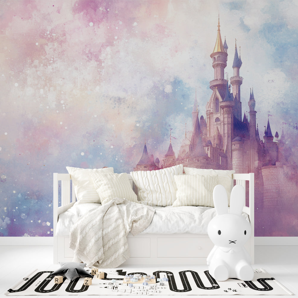 Watercolor castle design enhancing a modern kids room with soft pink tones