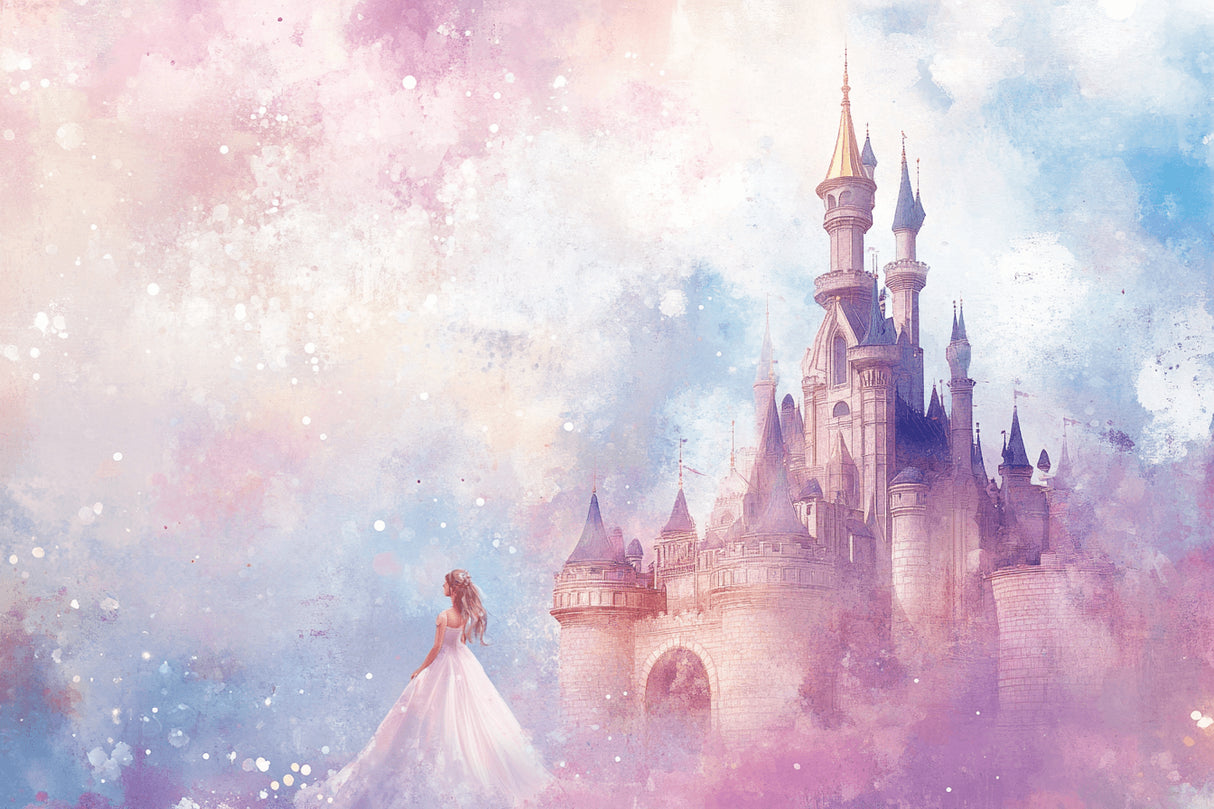 Princess castle wallpaper design file showing watercolor castle pattern with sparkle details
