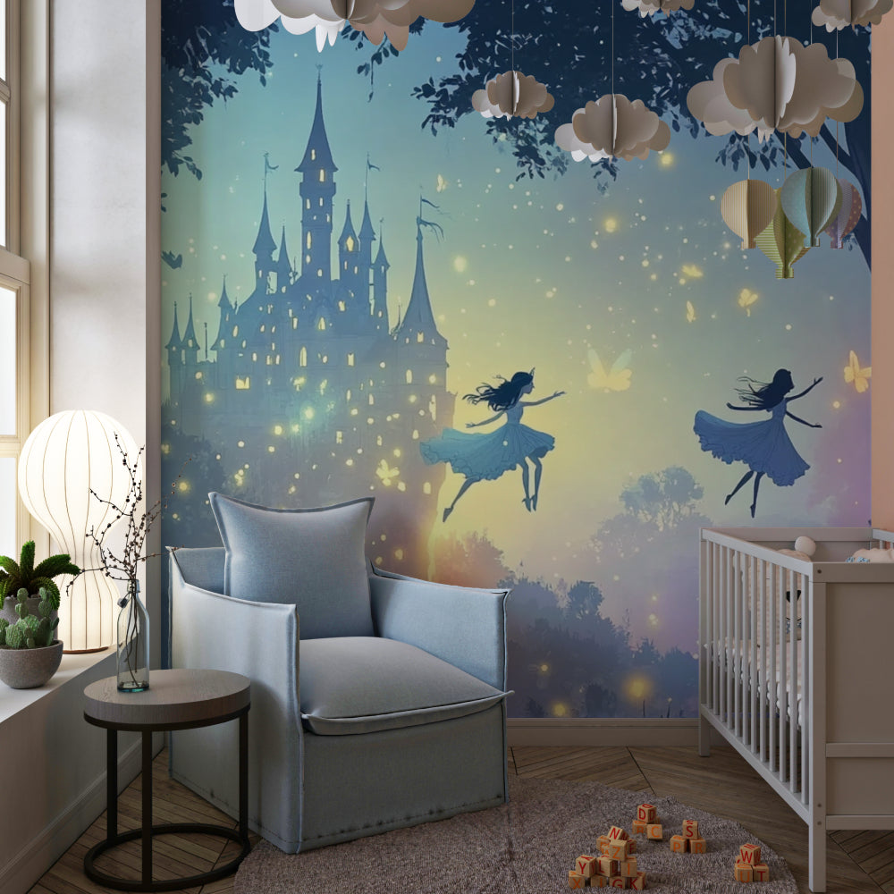 Magical princess mural transforming a nursery with soft golden glow