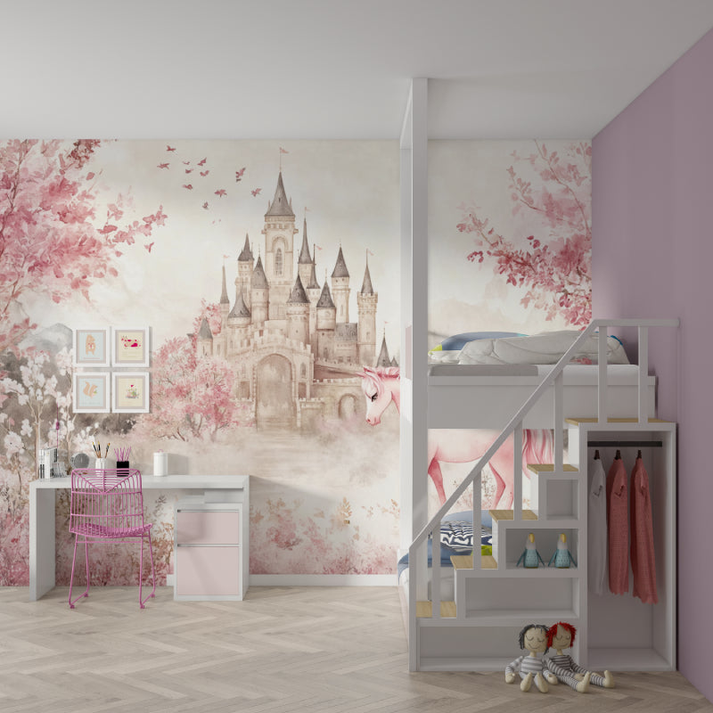 Pink unicorn wallpaper bringing fairy tale charm to a children's playroom space