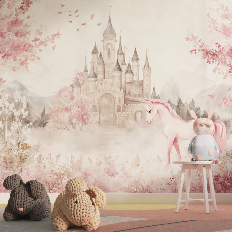 Magical castle wall design transforming a modern girl's bedroom into a fantasy realm