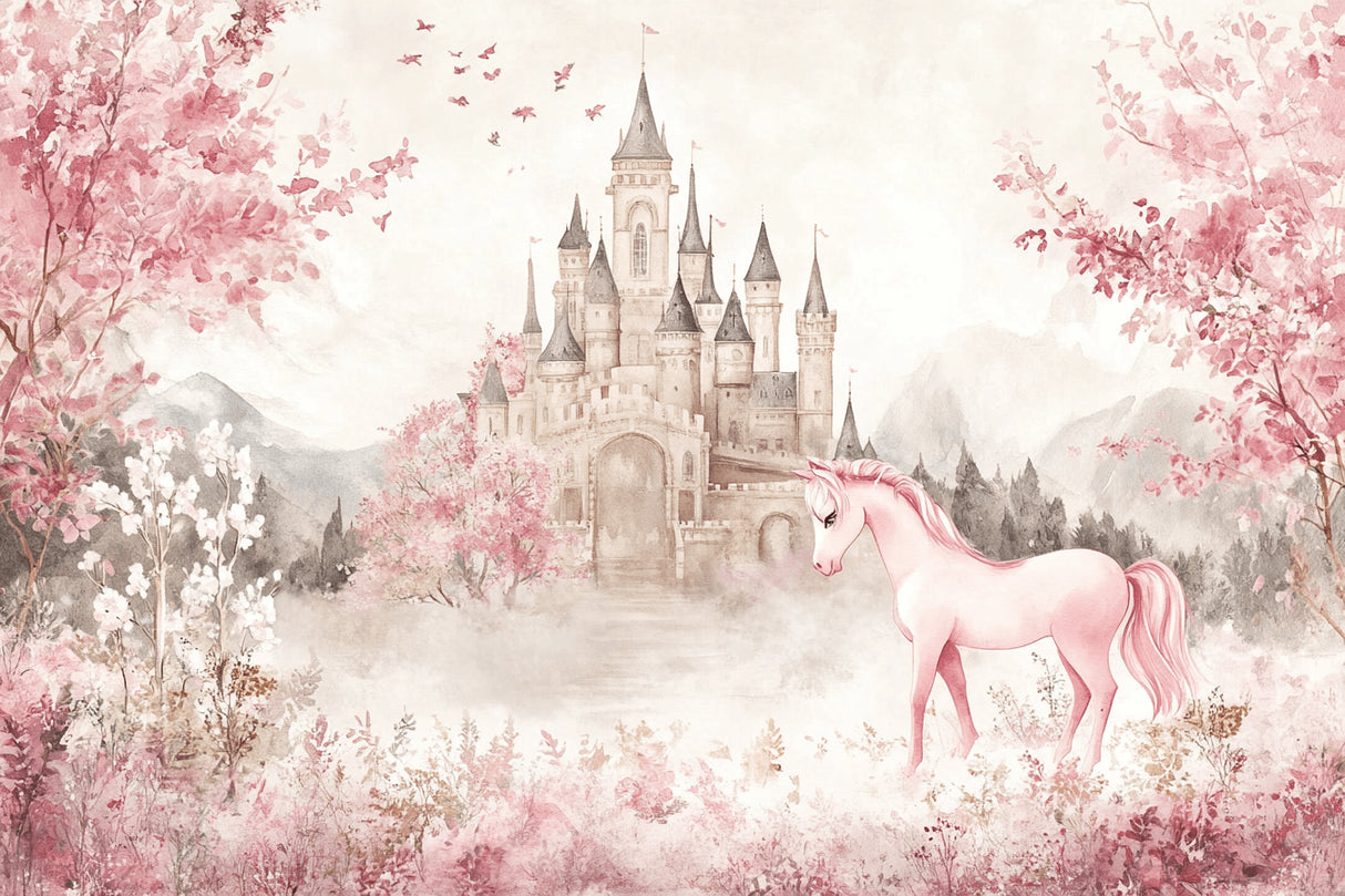 Design file showing detailed princess castle and pink unicorn pattern with cherry blossoms