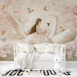 Princess wallpaper with swan in a cozy nursery with pink accents and soft lighting
