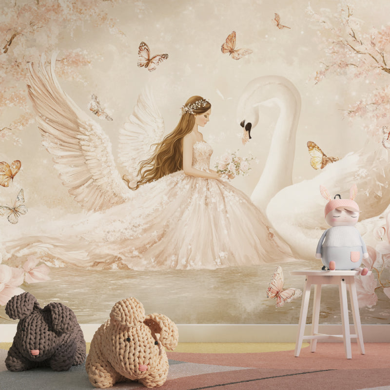 Princess and swan wallpaper styled in a modern children's playroom