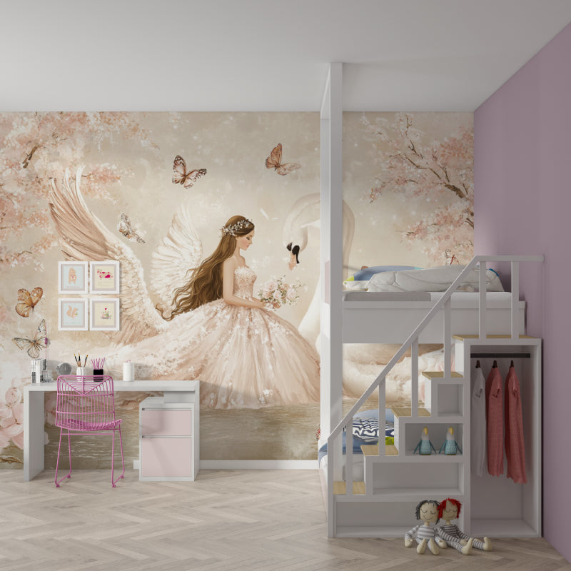 Enchanted swan mural displayed in a little girl's bedroom with golden accents