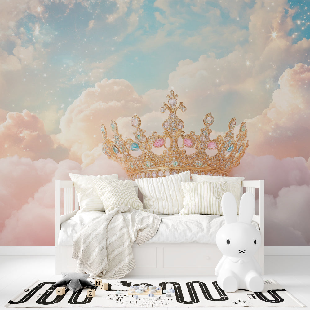 Princess crown wallpaper in a soft pink bedroom, creating a magical sleeping space for young dreamers
