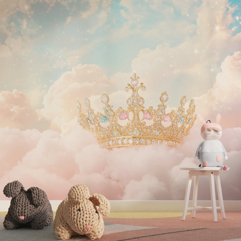 Golden crown wall mural in a playroom showing the scale and dreamy cloud details