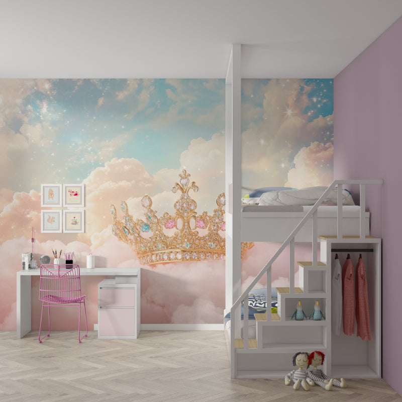 Princess mural wallpaper brightening a reading nook with its magical golden crown design