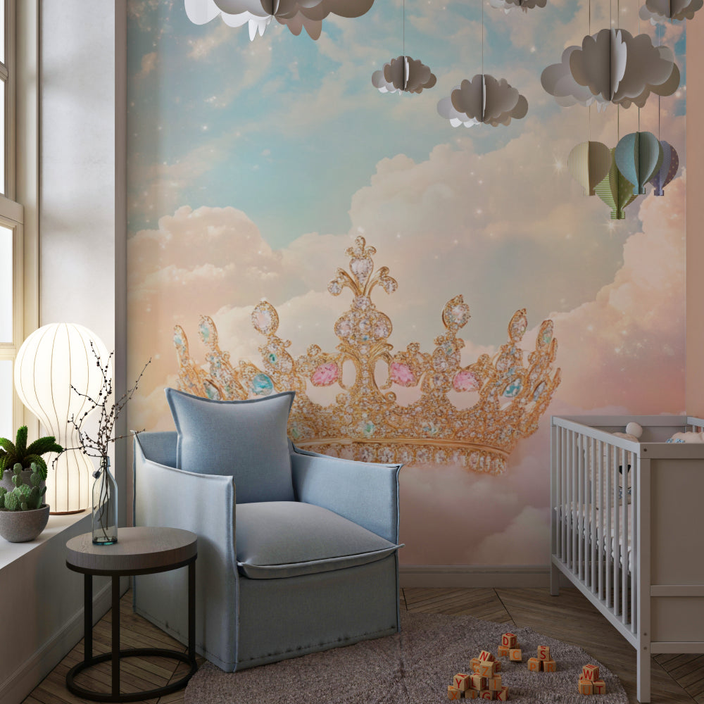 Princess wall mural showcasing the soft pastel clouds in a bright children's room