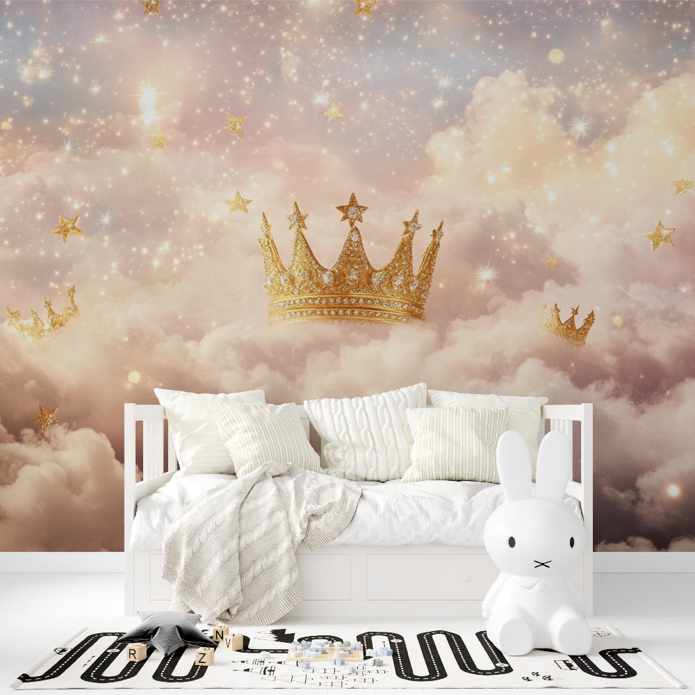 Golden crown wall mural brightening a girl's bedroom with dreamy star details