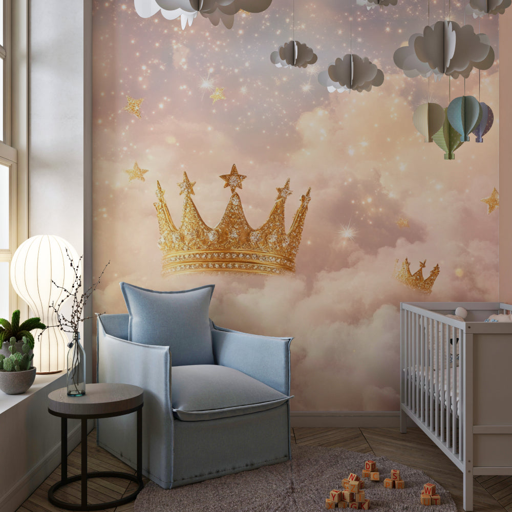 Magical princess wallpaper transforming a playroom with ethereal clouds and sparkles