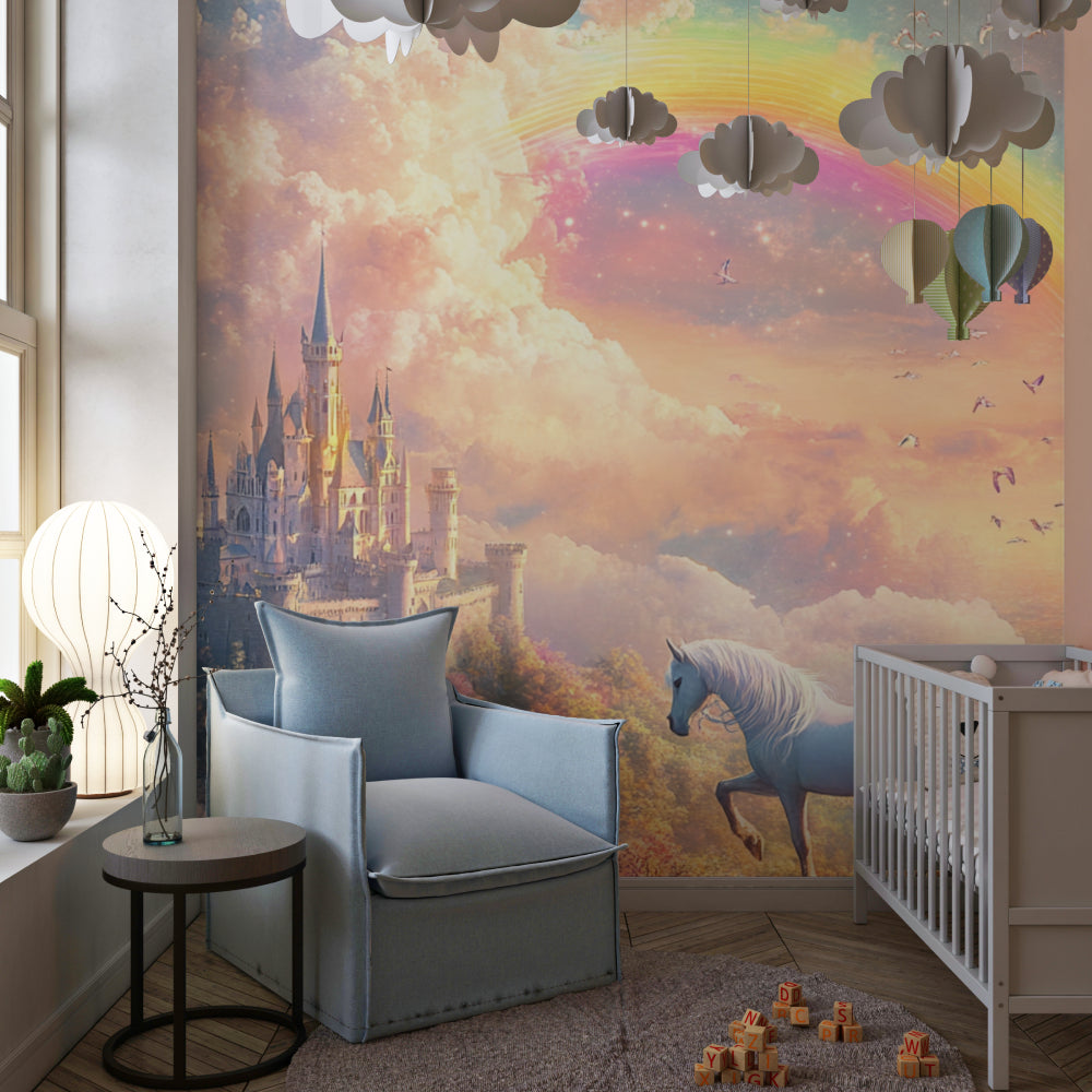 Princess castle wallpaper in a girl's bedroom with soft pink walls and white furniture