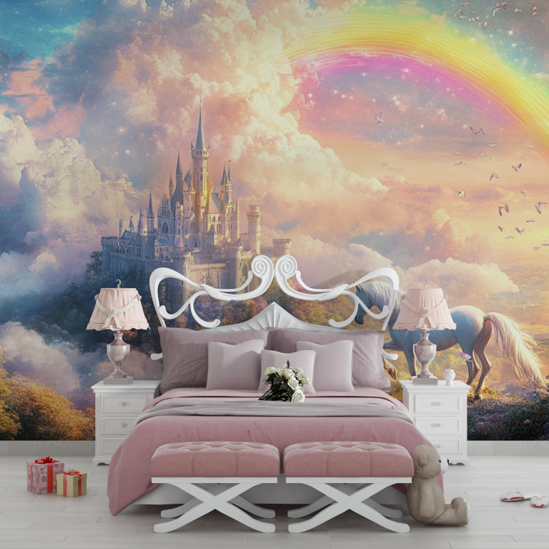 Magical castle mural wallpaper in a nursery with rainbow accents