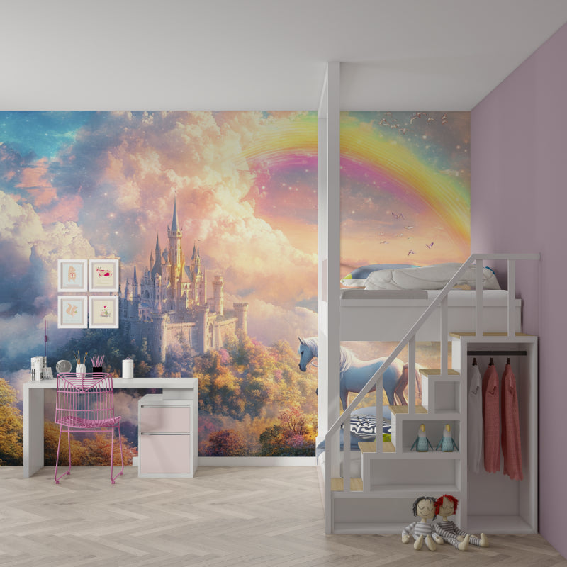 Princess rainbow wallpaper creating magic in a playroom setting