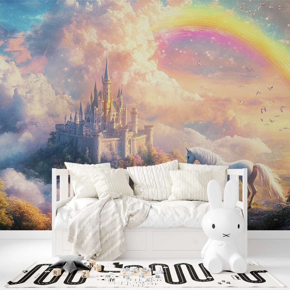 Castle and unicorn wallpaper in a child's reading nook