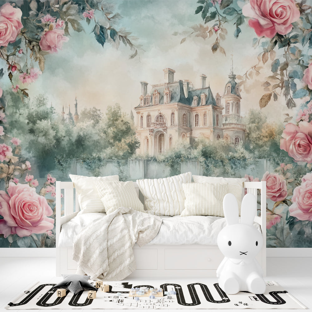 Princess castle wallpaper styled in a girl's bedroom with soft pink decor and white furniture