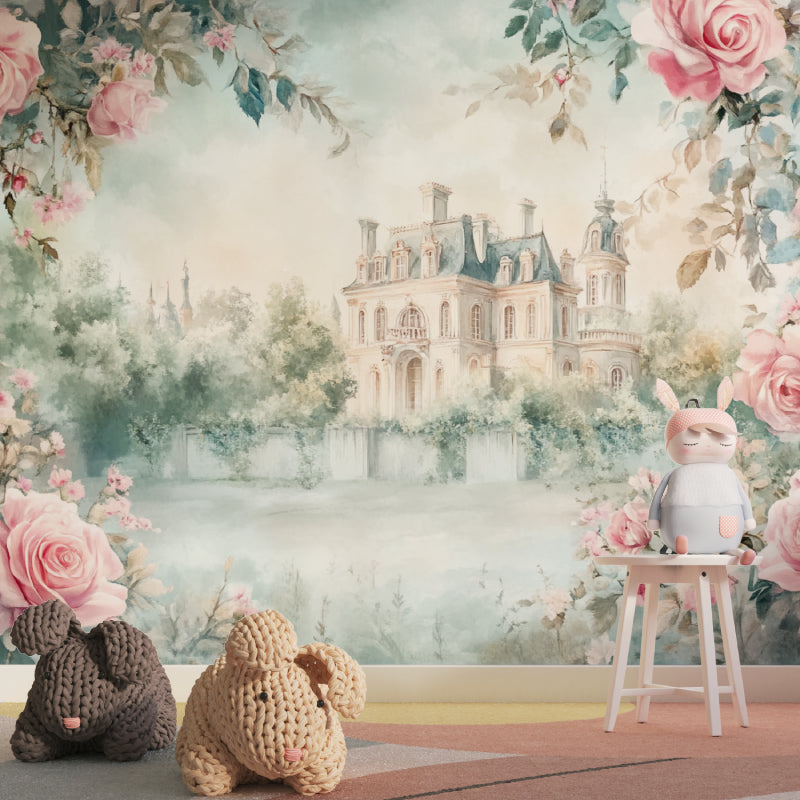 Pink castle mural wallpaper featured in a modern nursery with gold accents